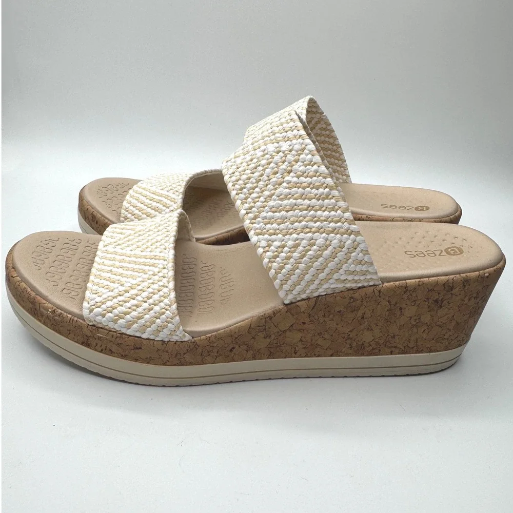 Bzees Womens Cream Tan Woven Double Strap Cork Wedge Sandals Size 8